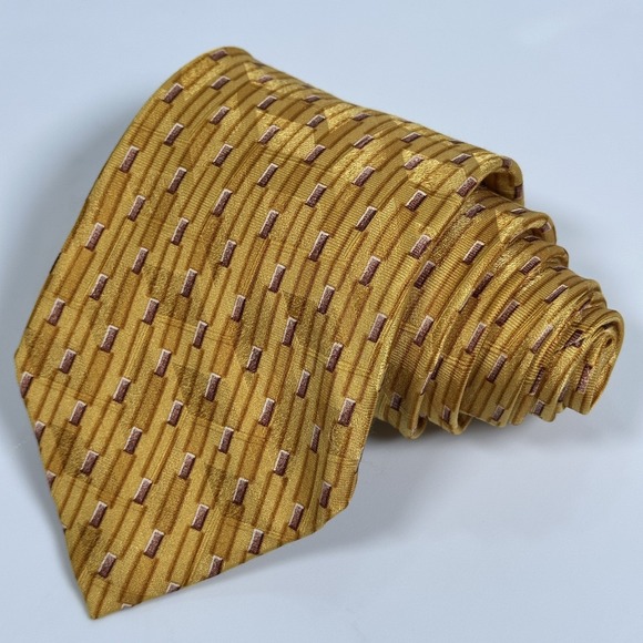 Ermenegildo Zegna Tie‎ Mens 100% Silk Gold Geometric Hand Made Italy Necktie - Picture 2 of 8